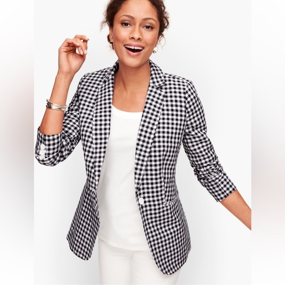 NEW Talbots Classic Linen Blazer Gingham Black White Checkered sz 2